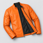 Mens orange leather cafe racer jacket front close flat view