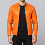 Auren mens orange leather cafe racer jacket front close view