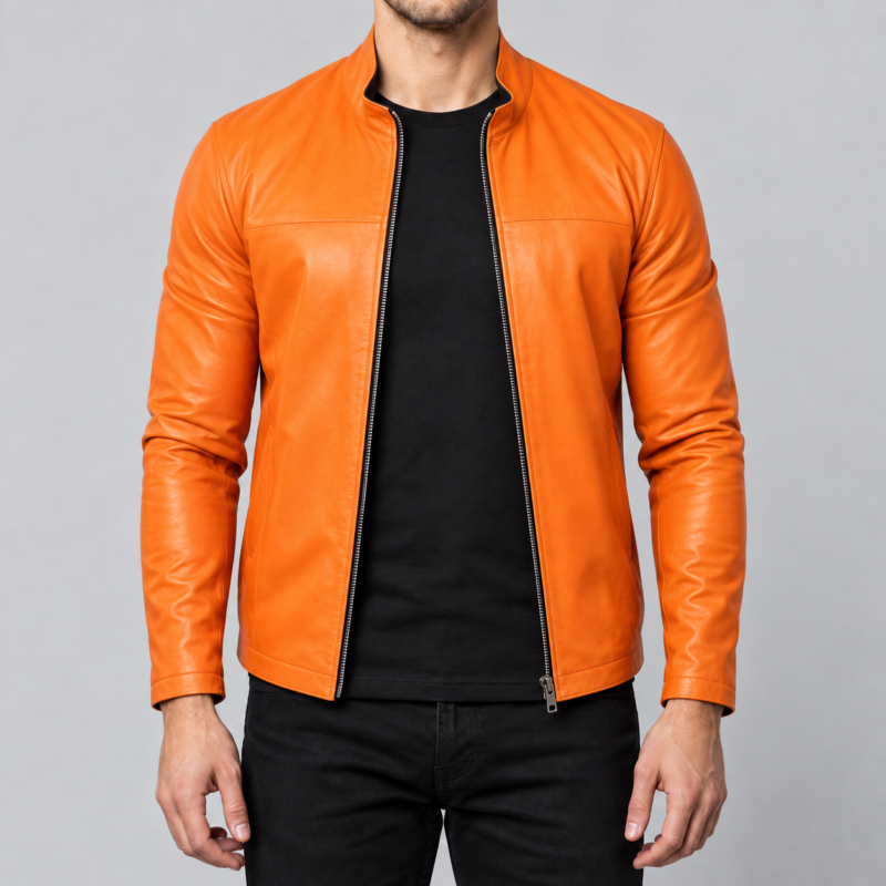 Auren mens orange leather cafe racer jacket front close view