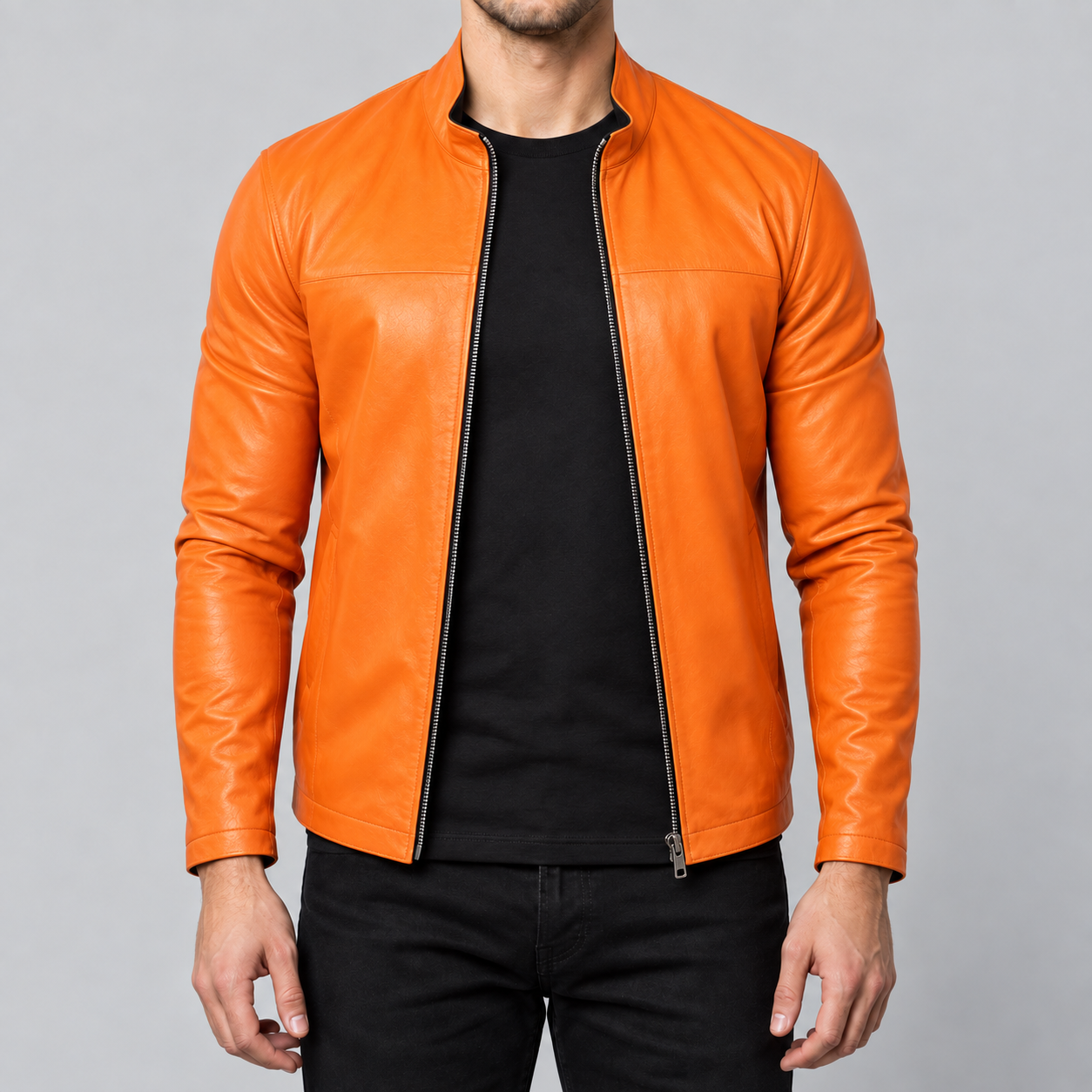 Auren mens orange leather cafe racer jacket front close view