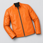 Mens orange leather cafe racer jacket front flat view