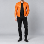 Mens orange leather cafe racer jacket front view