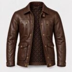 Dalton men's walnut brown leather field jacket front open view