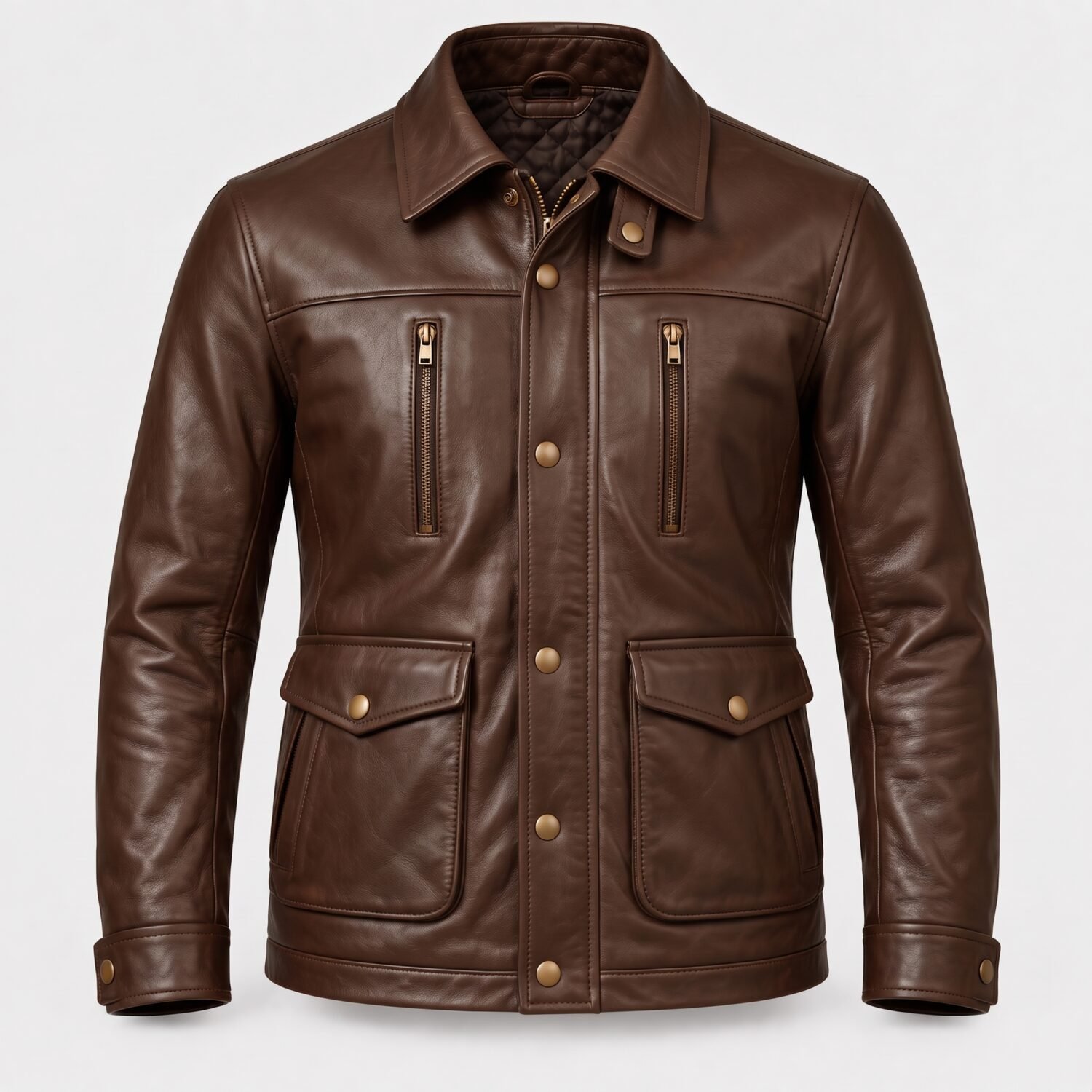 Dalton men's walnut brown leather field jacket front view