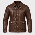 Dalton men's walnut brown leather field jacket front view