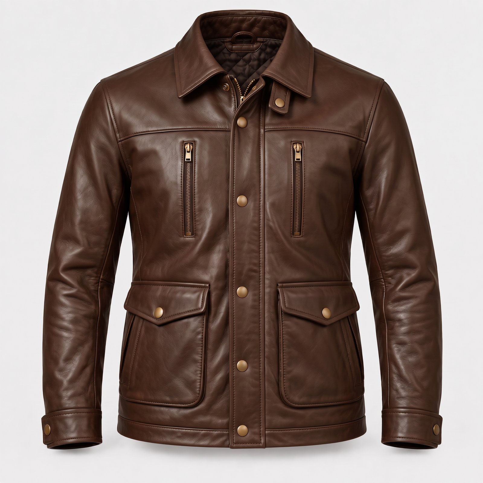 Dalton men's walnut brown leather field jacket front view Dalton men's walnut brown leather field jacket front view